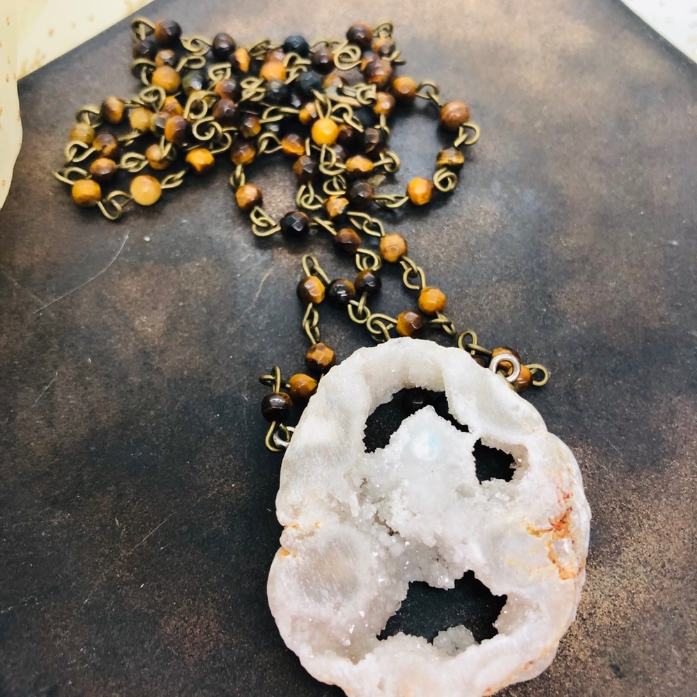 Druzy Agate SliceNecklace Tiger Eye Beaded Chain
